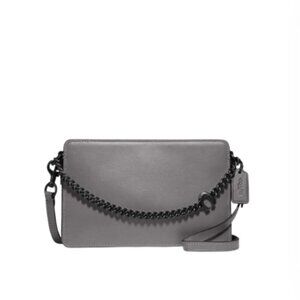 Coach Signature Chain Crossbody Tote Bag Purse Cement Gray Leather Convertible